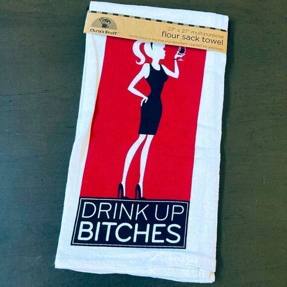 NWT Funny Drink Up Bitches Wine Lover Dish Towel - Picture 1 of 3
